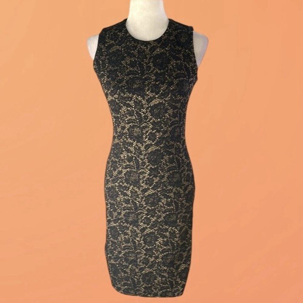J. McLaughlin Black Gold metallic Lace Sleeveless Knee Length Sheath Dress S 2 4 - Picture 2 of 12